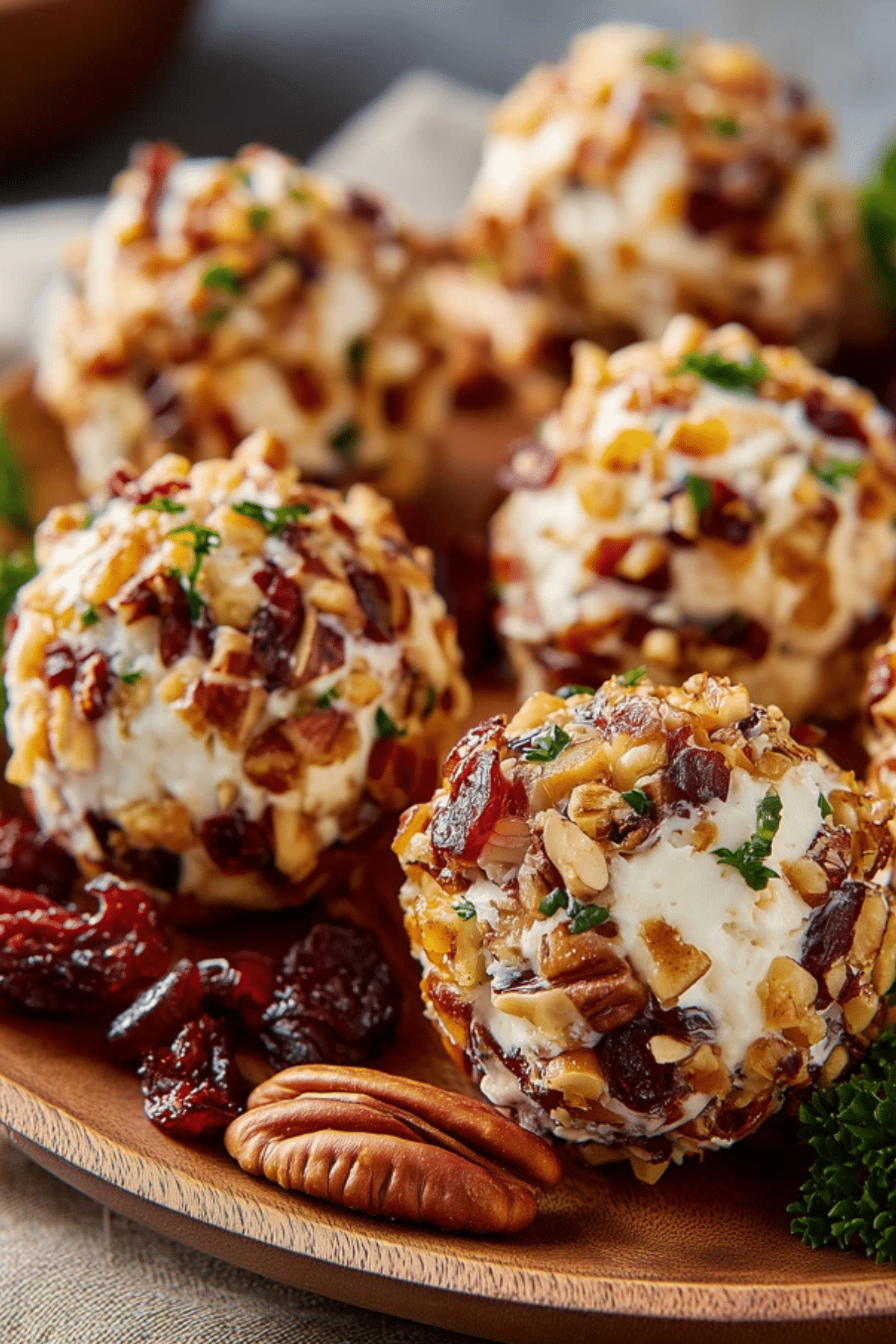 Mini Cranberry Pecan Cheese Balls served on a holiday platter