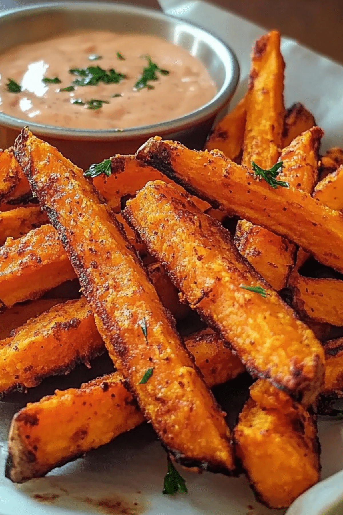 Crispy oven baked sweet potato fries on a tray