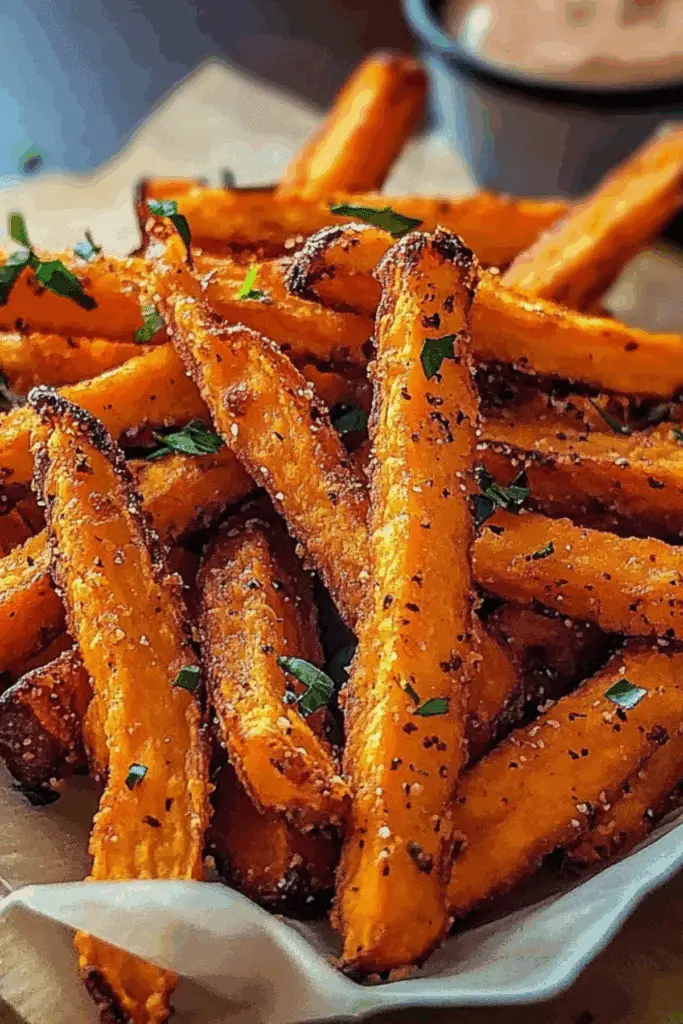 Crispy oven baked sweet potato fries on a tray
