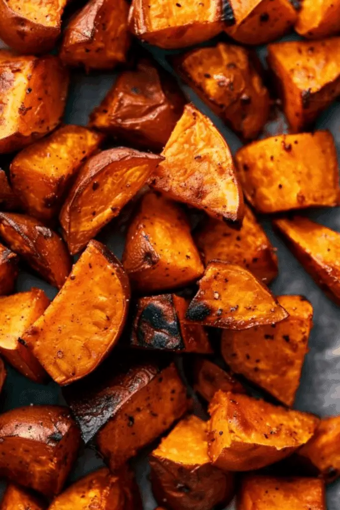 perfectly roasted sweet potatoes on a sheet pan with crispy edges