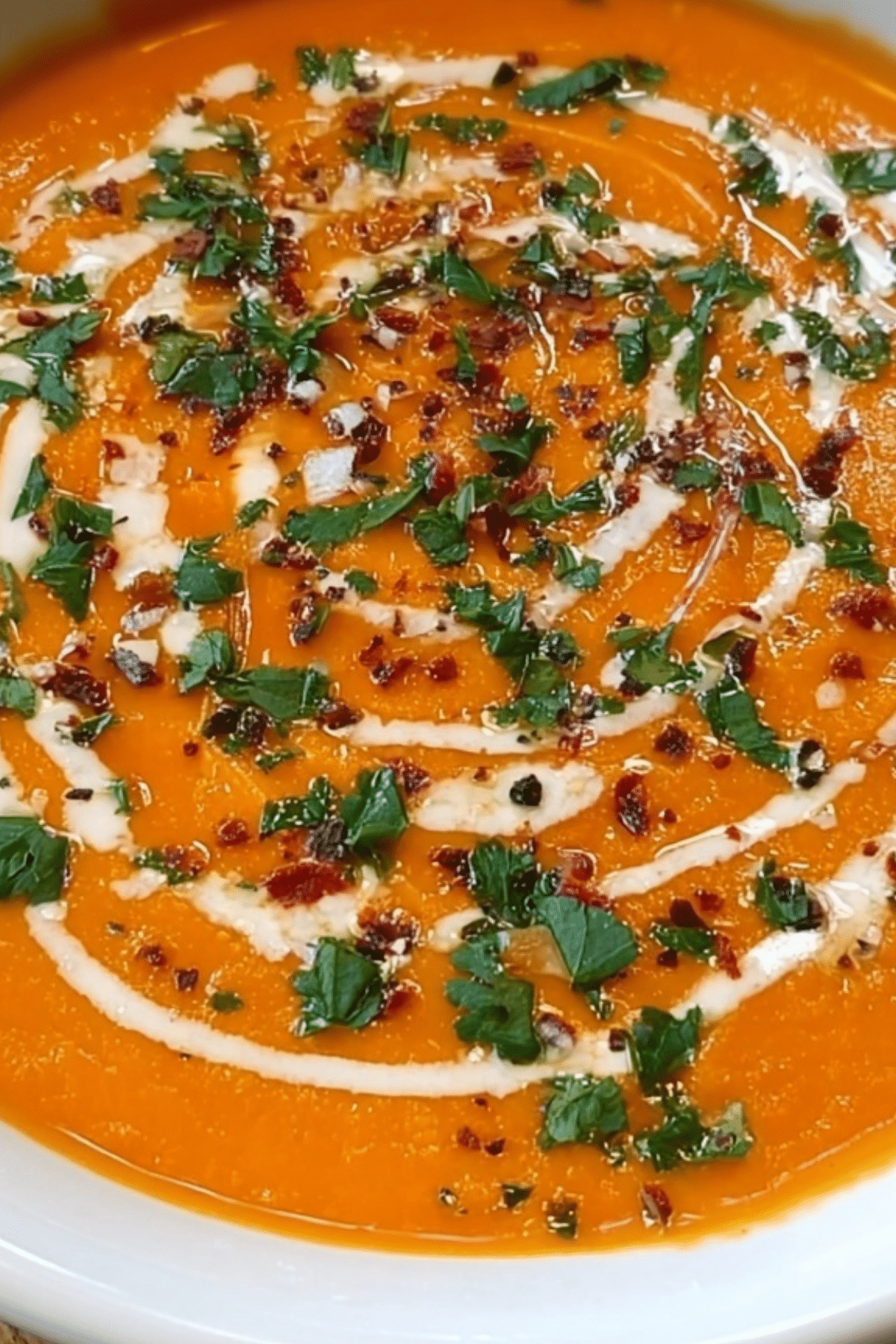 Roasted Sweet Potato Soup served in a bowl with toppings