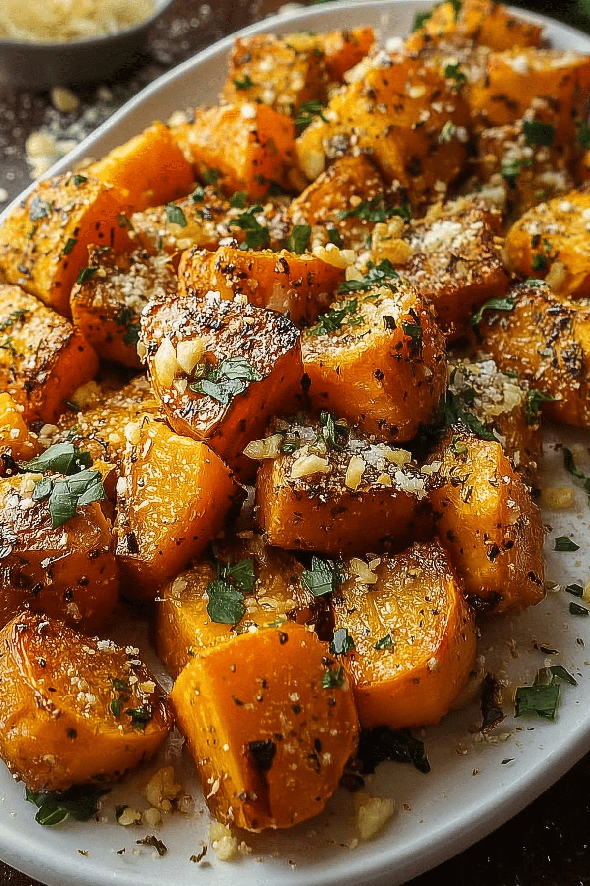 Roasted Sweet Potatoes with Garlic and Parmesan served on a plate