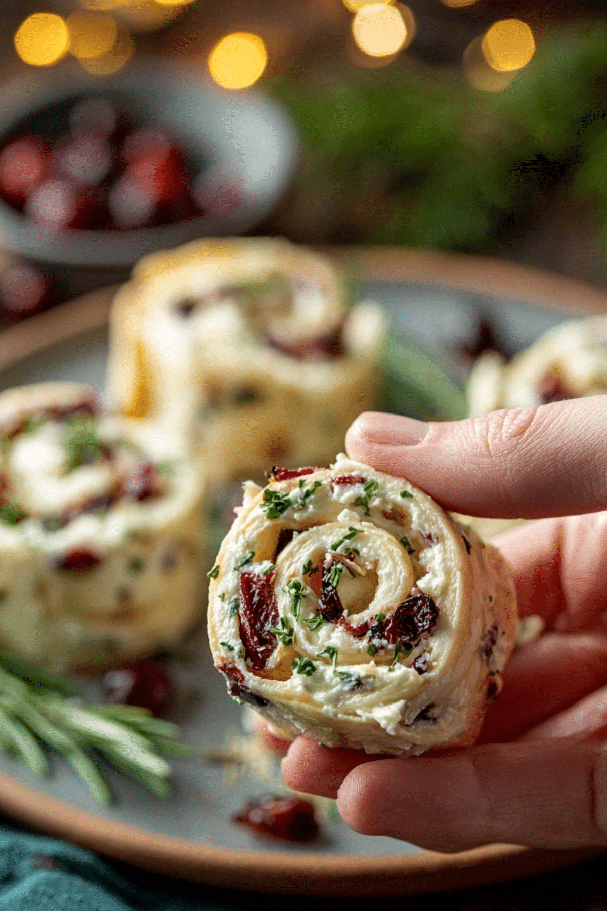 Savory Christmas Cranberry Roll Ups served as a holiday appetizer