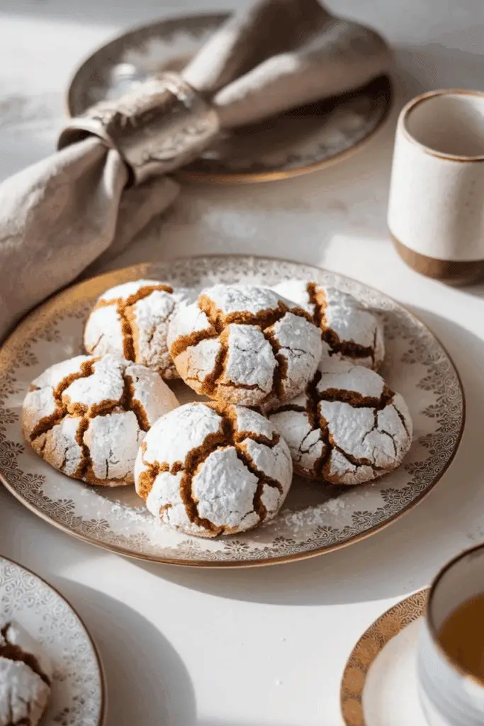 Soft and Spiced Gingerbread Crinkle Cookies with powdered sugar crinkle tops