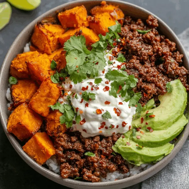 Sweet Potato Taco Bowl with smoky roasted sweet potatoes, taco beef, pico, and guacamole