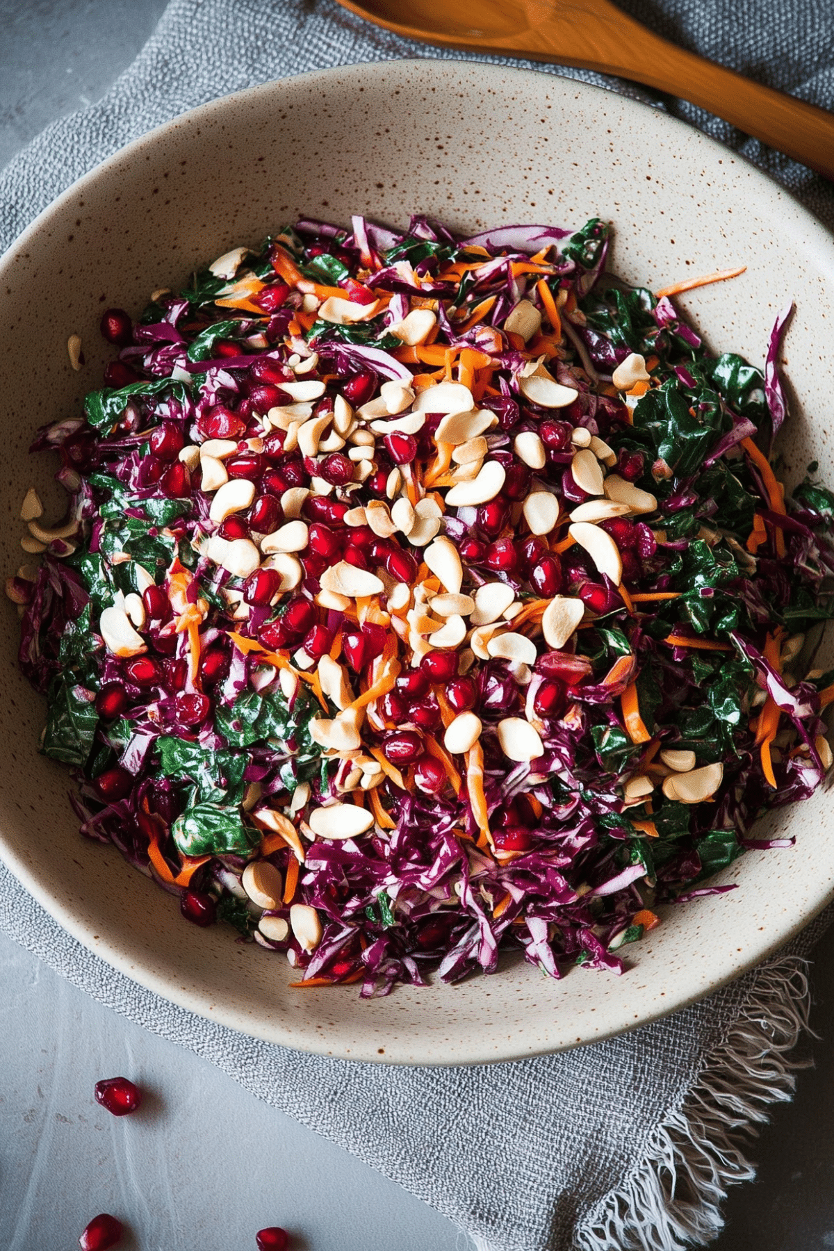 Winter Veggie Coleslaw with kale, cabbage, pomegranate, and cashews