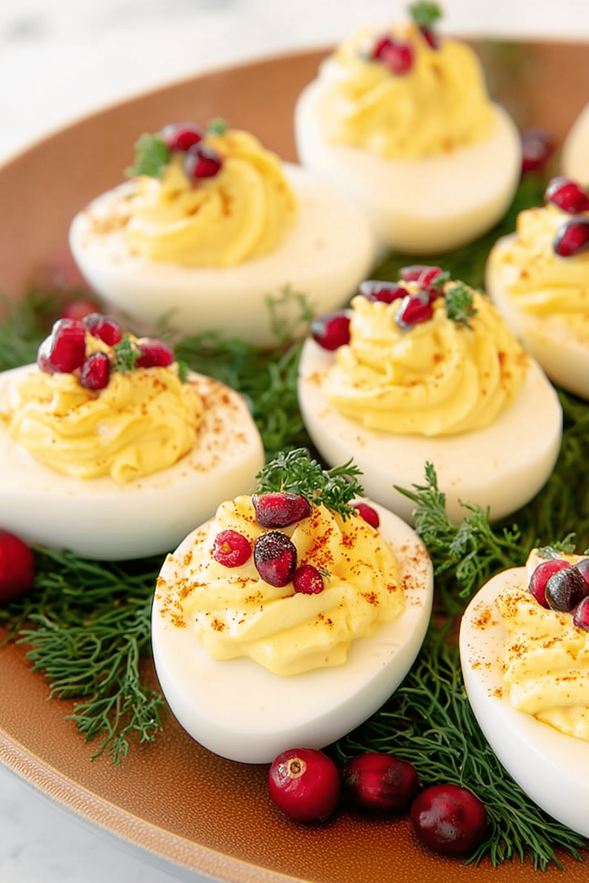 Christmas Deviled Eggs with parsley and pomegranate garnish