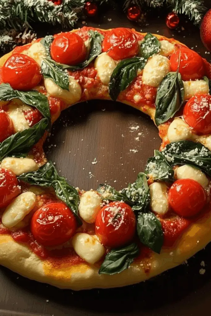 Holiday Wreath Pizza with mozzarella and cherry tomatoes
