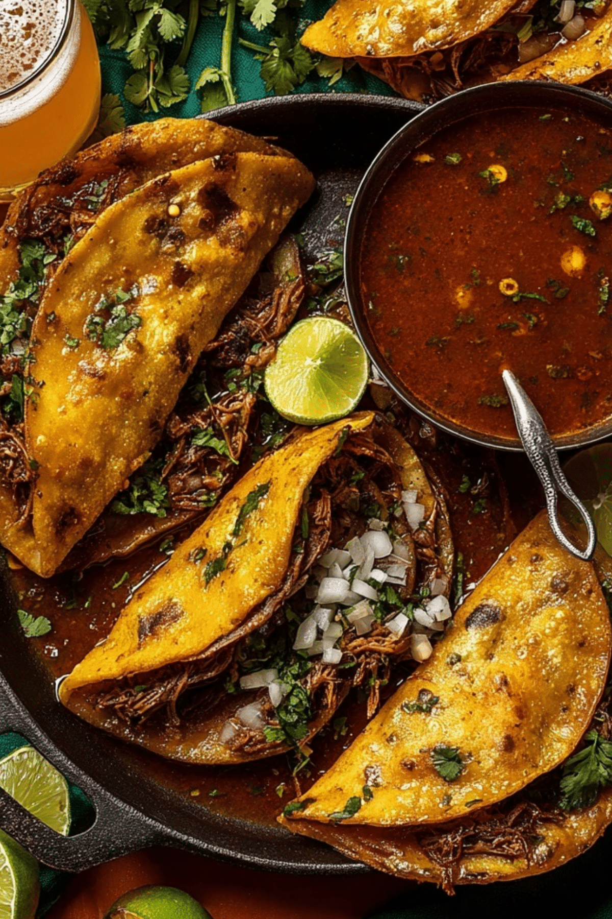 Birria Tacos with tender beef, cheese, and crispy tortillas
