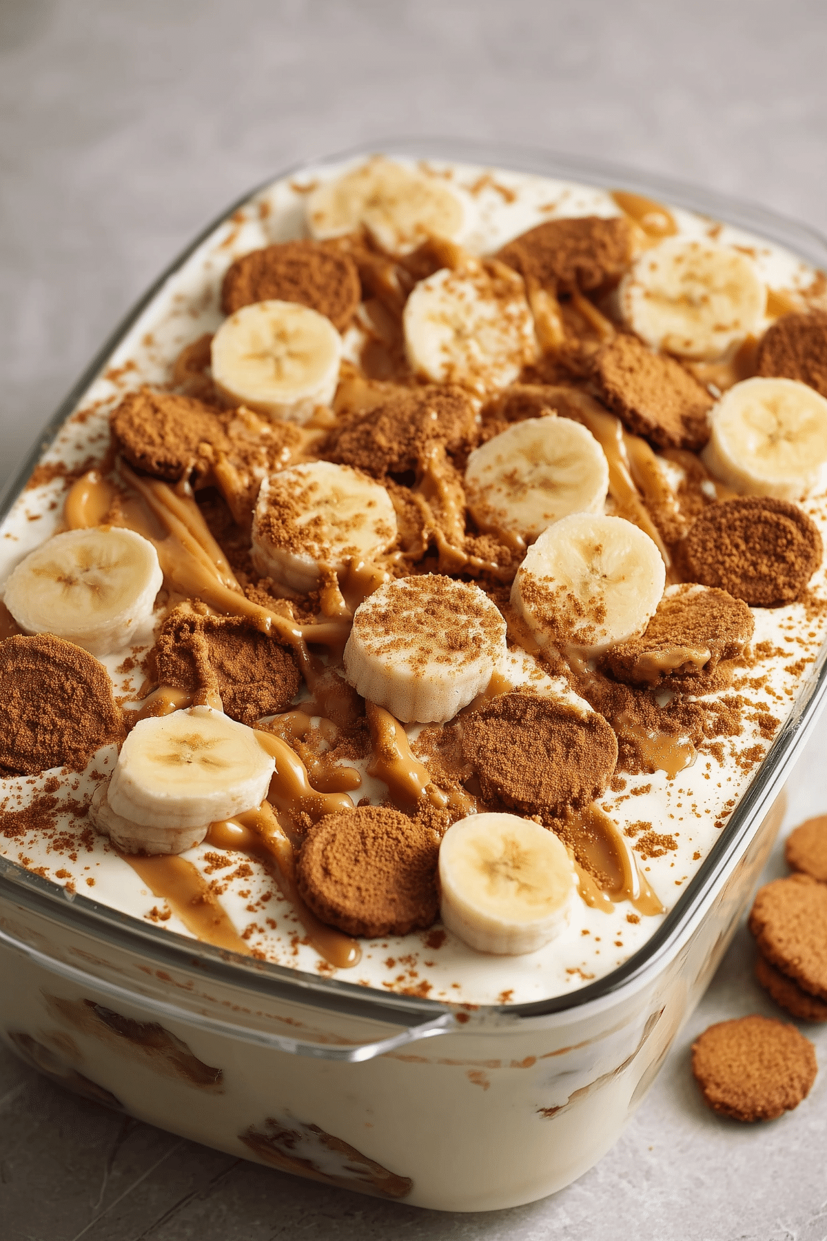 Biscoff Banana Pudding served in a 9x13 dish with cookies and banana slices