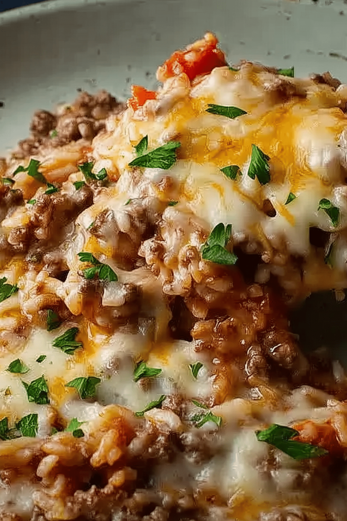 Cheesy Hamburger Rice Casserole with mozzarella topping