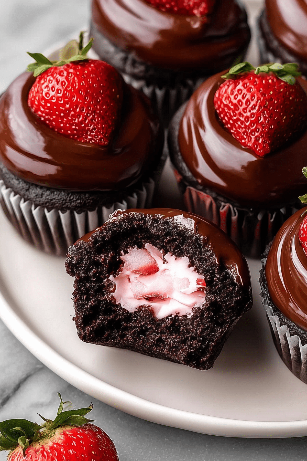 Chocolate Covered Strawberry Cupcakes with strawberry buttercream and ganache topping