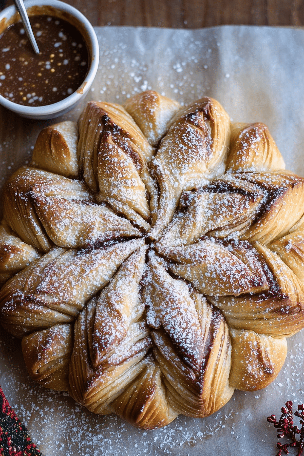 Christmas Morning Star Bread holiday recipe with caramel pecan topping