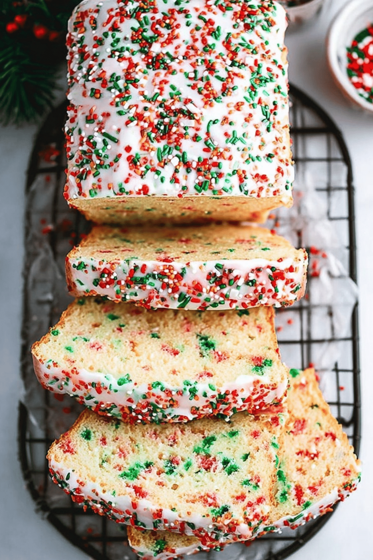 Moist and festive Christmas Sprinkle Buttermilk Bread loaf with colorful holiday sprinkles