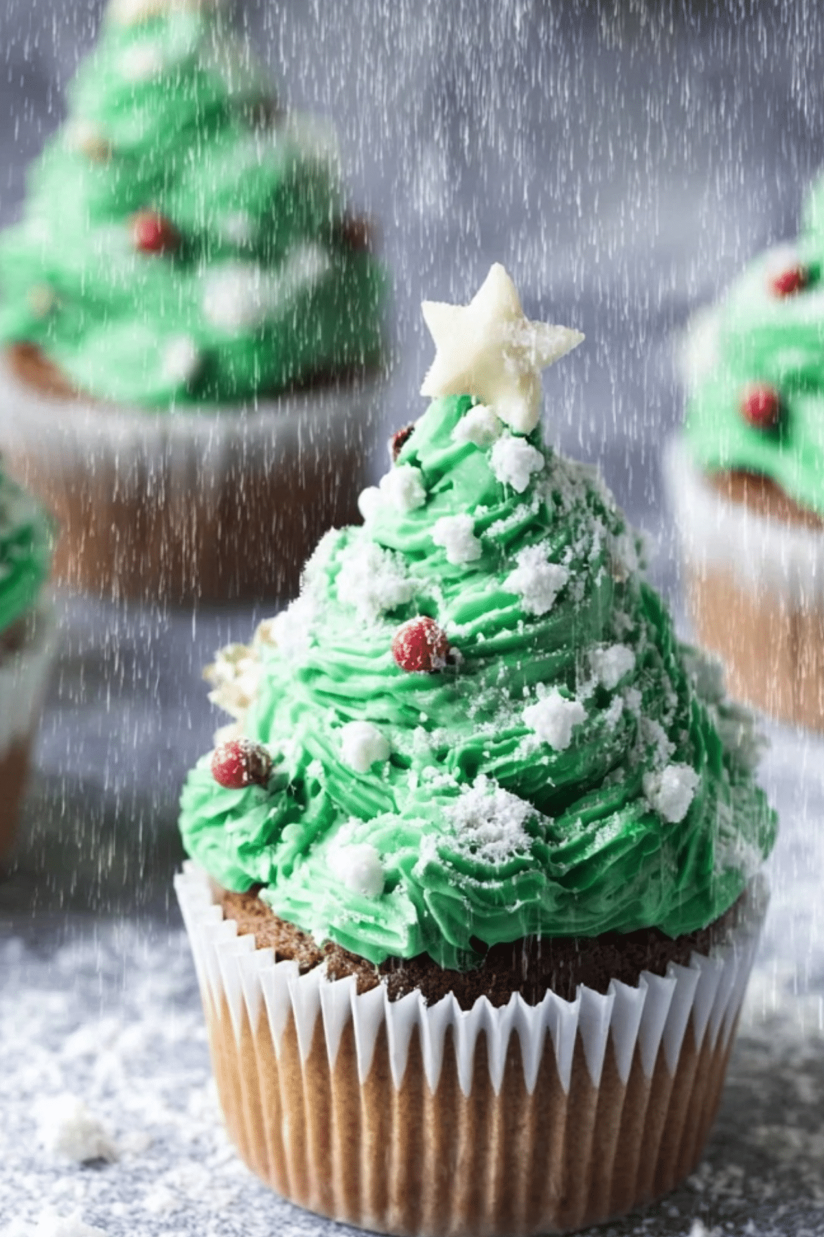 Christmas Tree Cupcakes decorated with green frosting and star sprinkles