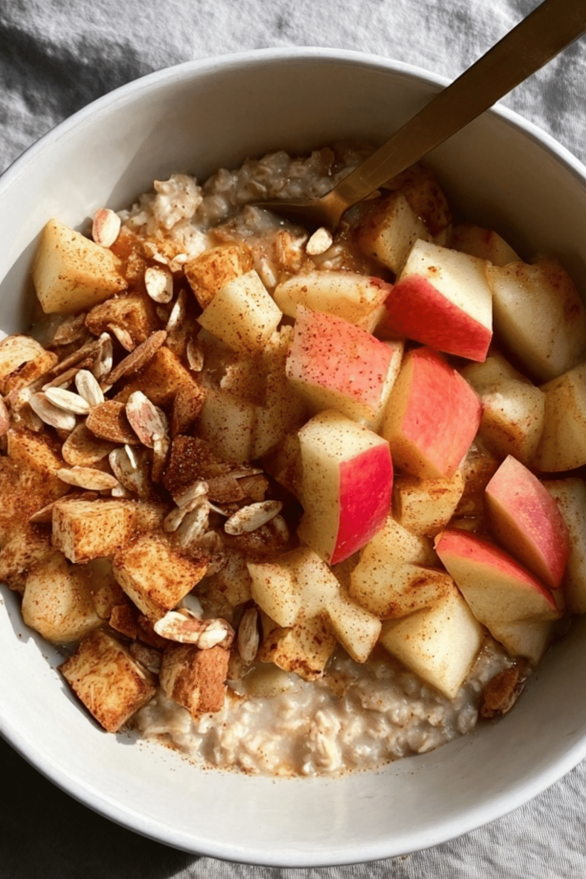 Cinnamon Apple Oatmeal Bowl topped with almond butter and sautéed apples