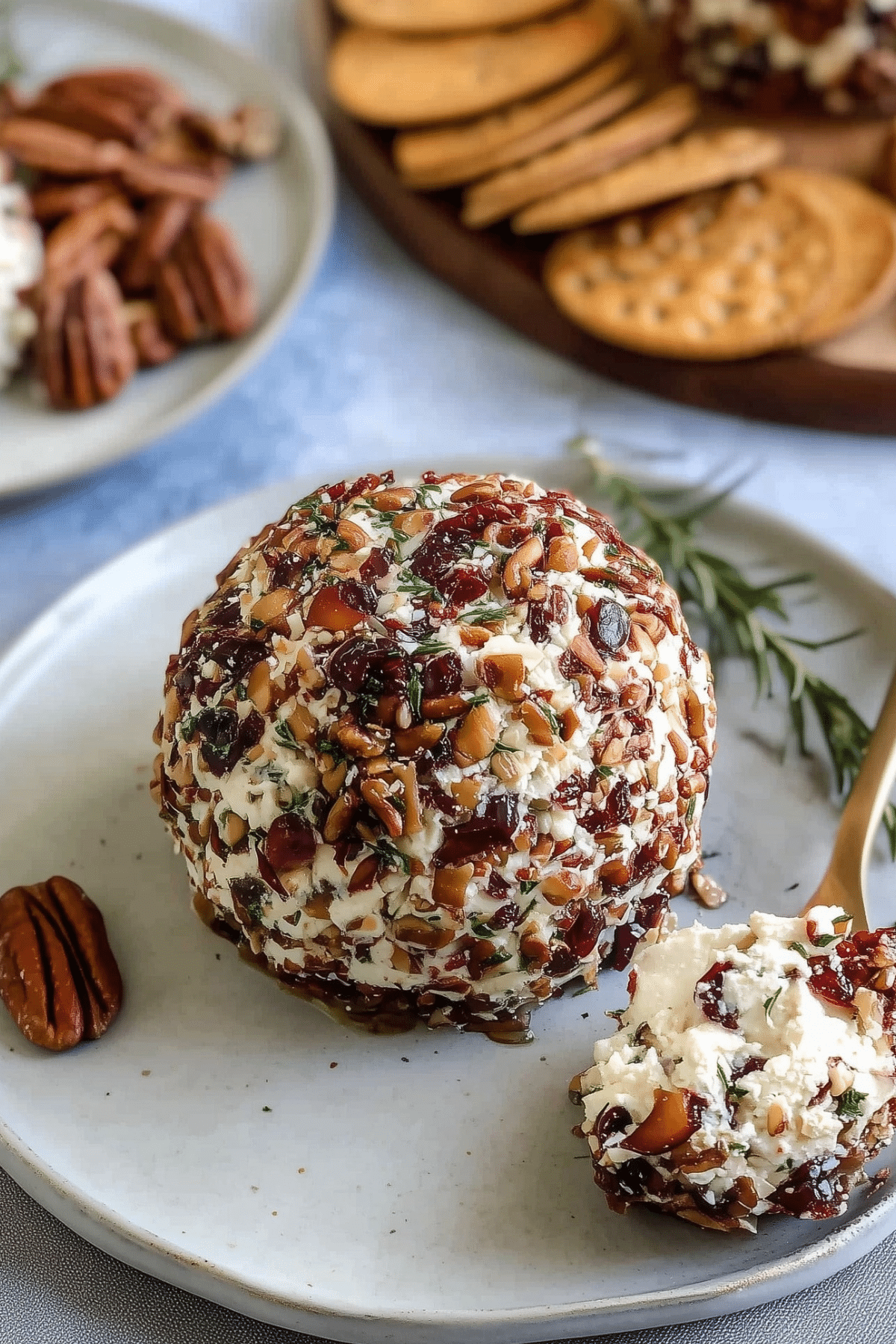 Cranberry Pecan Goat Cheese Ball with fresh herbs and pecans