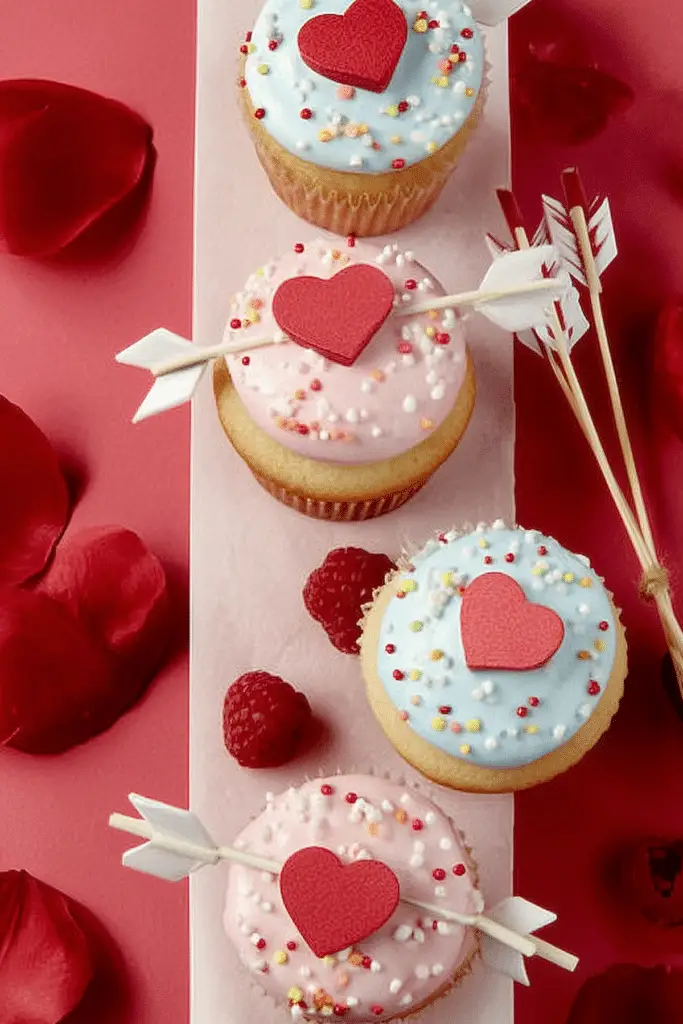 Cupid’s Arrow Cupcakes with red velvet cake and cream cheese frosting