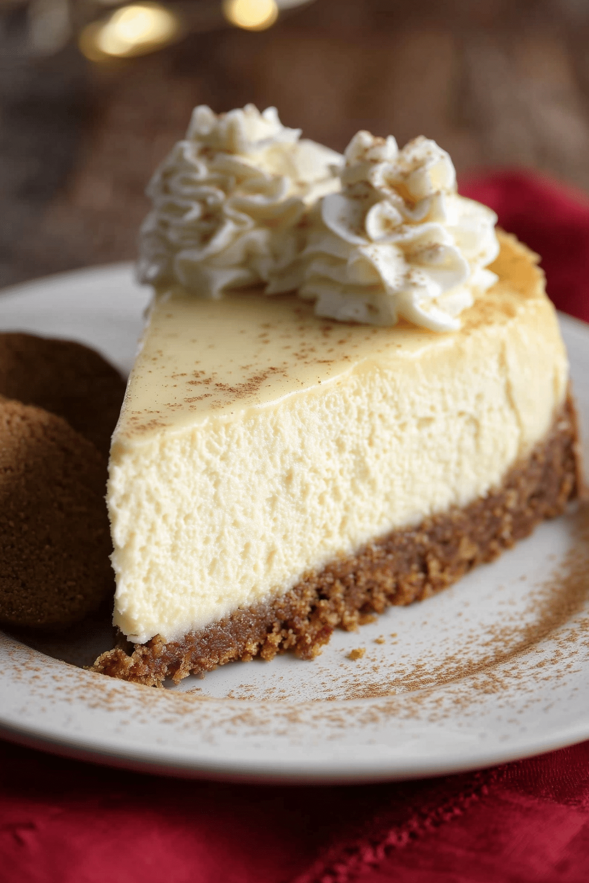 Eggnog Cheesecake with Gingersnap Crust decorated for the holidays