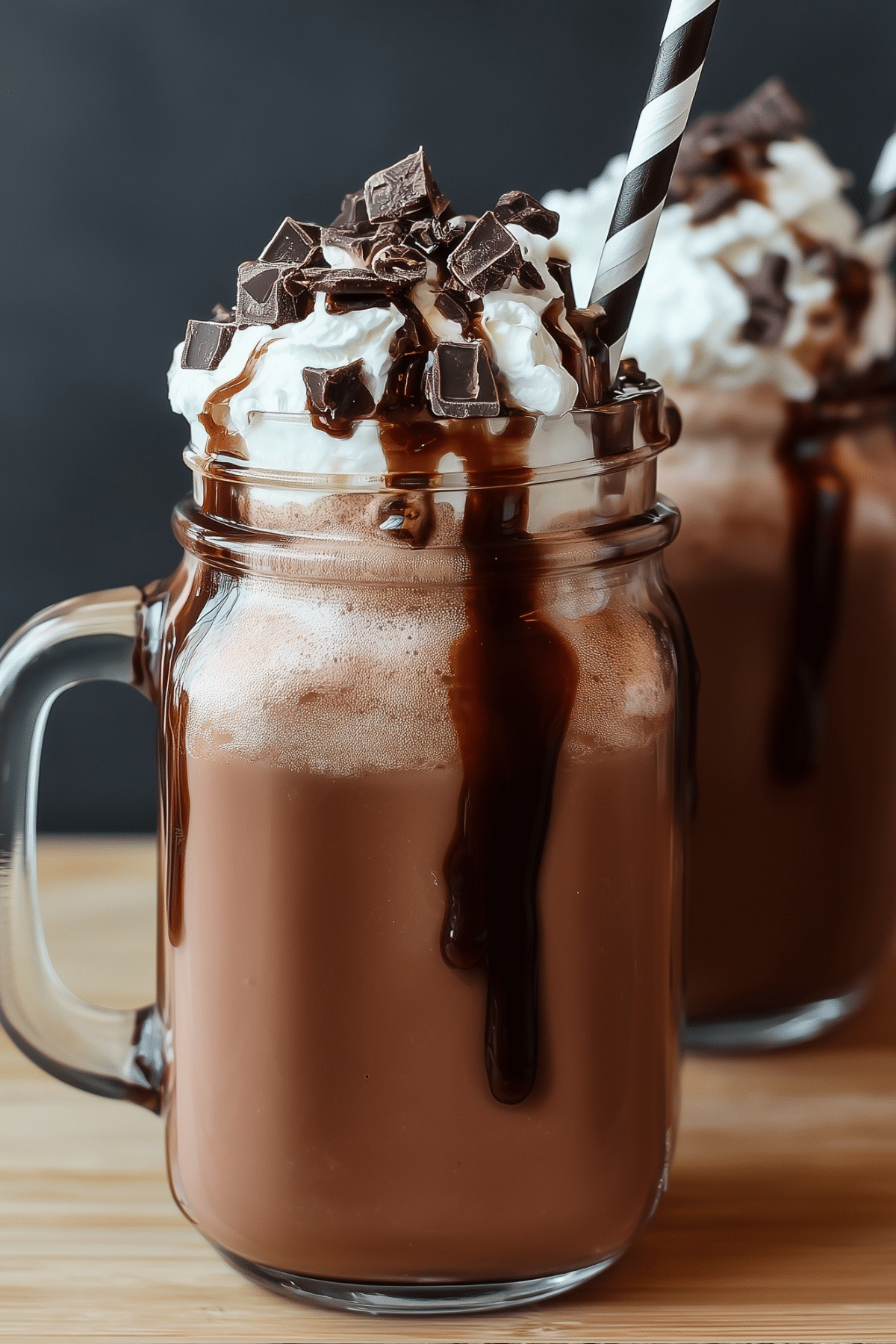 Frozen Hot Chocolate recipe topped with whipped cream and chocolate drizzle