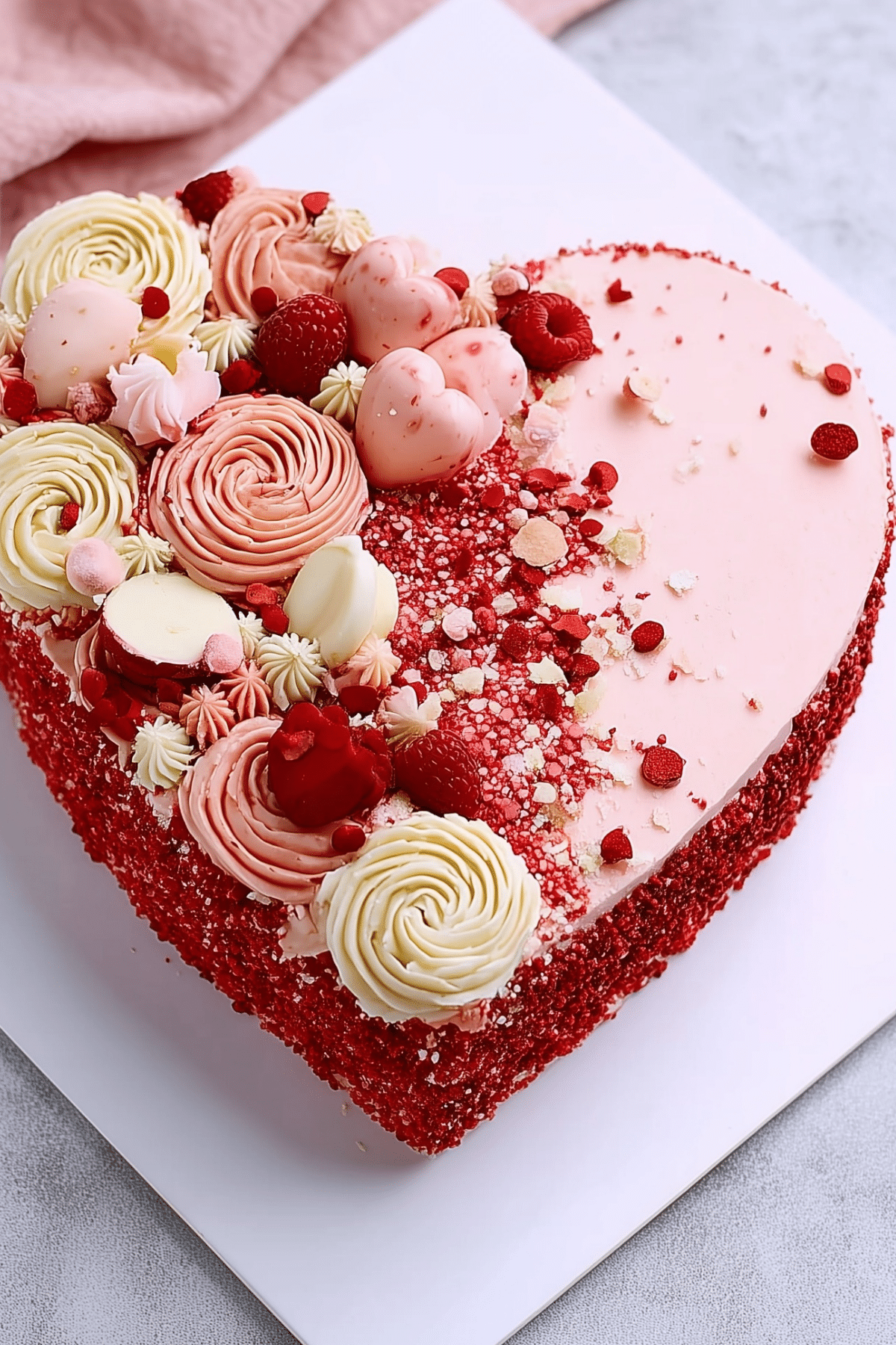 Heart shaped cake decorated with pink and red buttercream