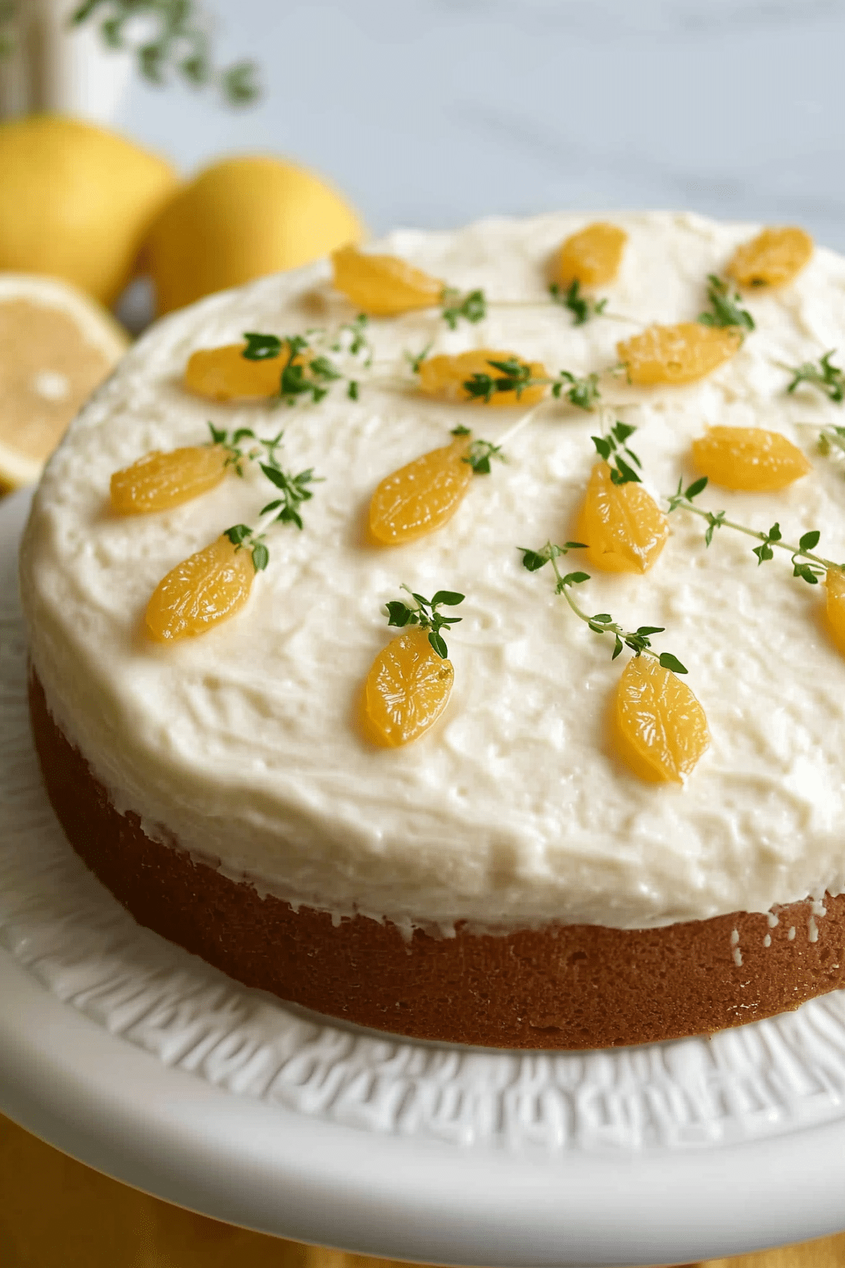 Lemon Thyme Cake with frosting and decorative lemon peel