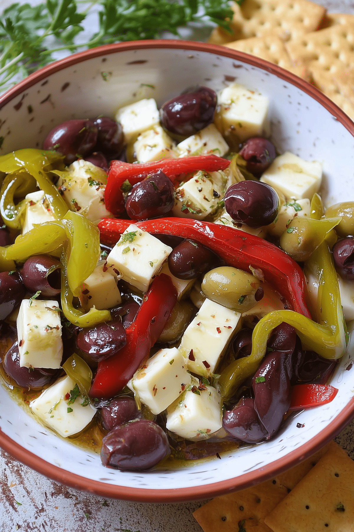 Marinated Olives and Cheese appetizer served in a bowl with olives, cheese, and peppers