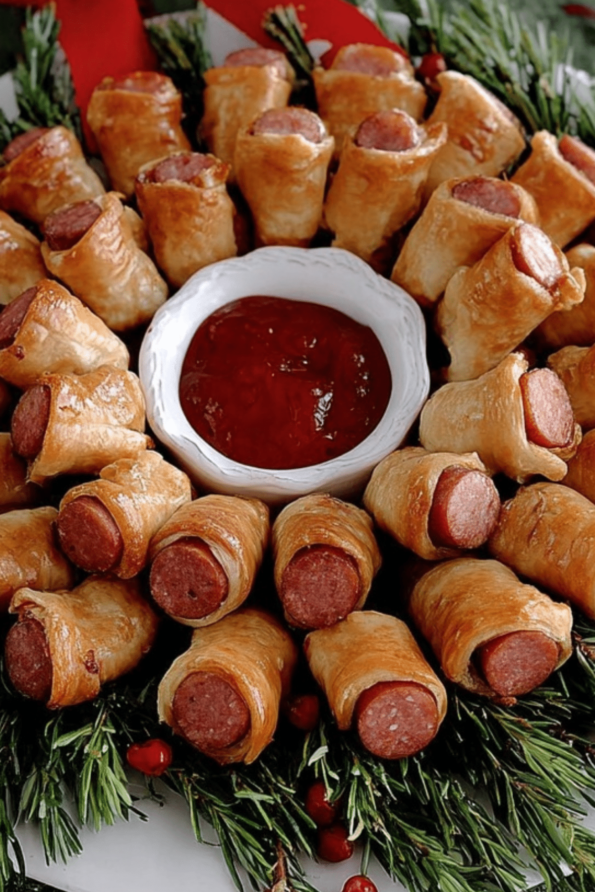 Mini sausage Christmas wreath appetizer with sausages wrapped in dough