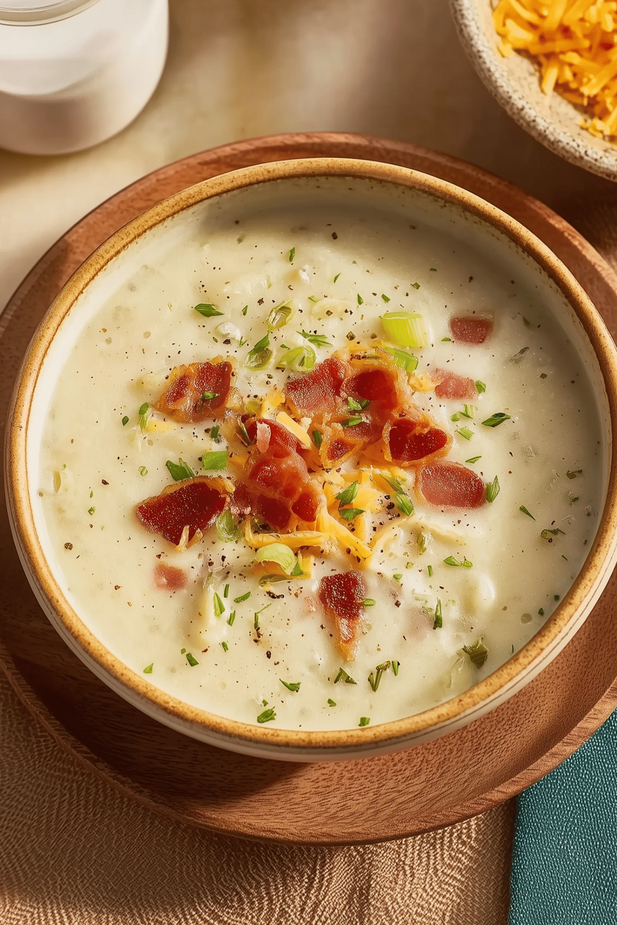 Old fashioned potato soup in a bowl with creamy texture and diced potatoes