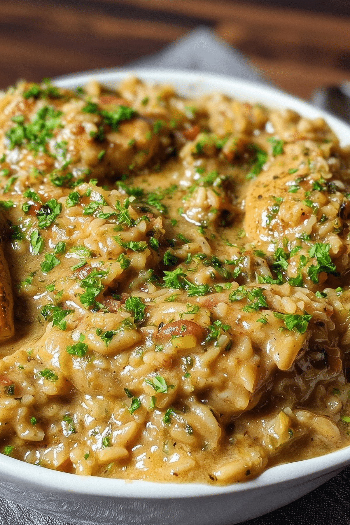 One Pan Smothered Chicken and Rice with creamy sauce and tender chicken
