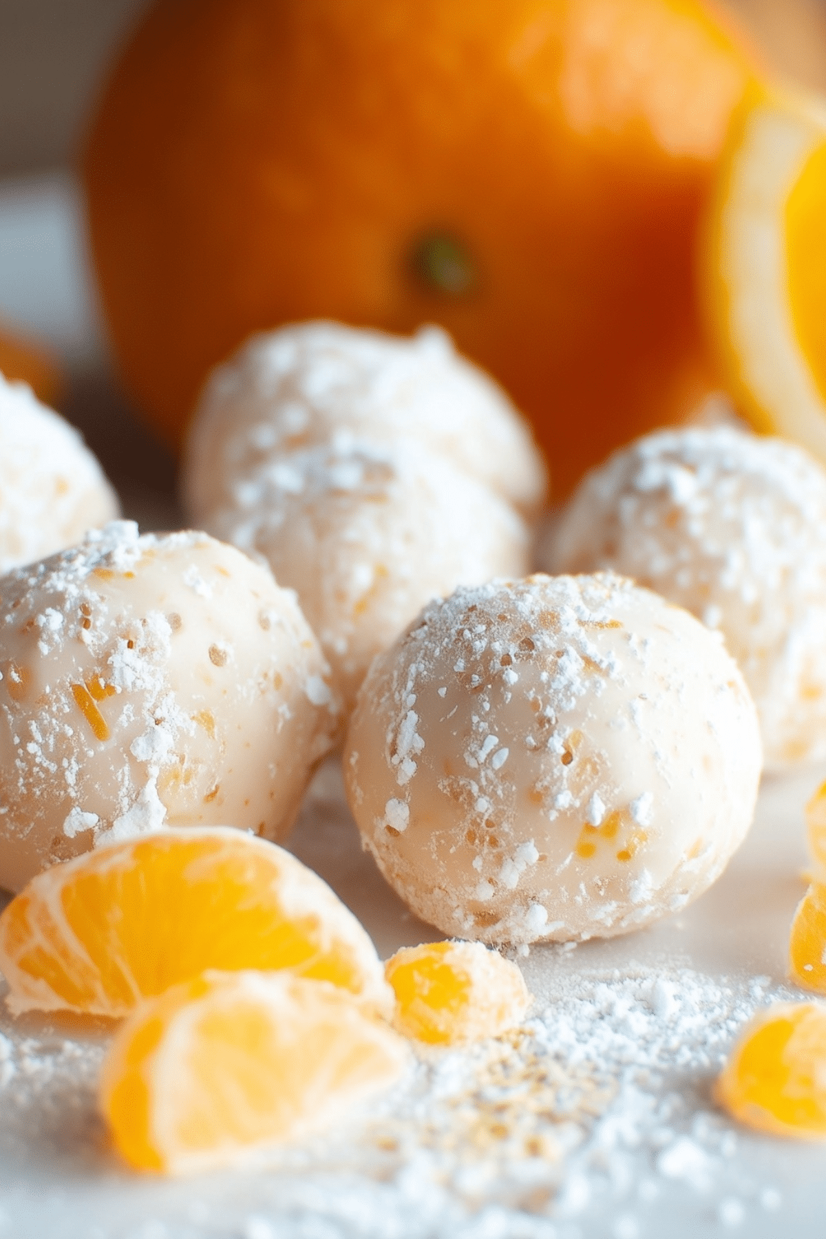 orange creamsicle truffles coated in powdered sugar