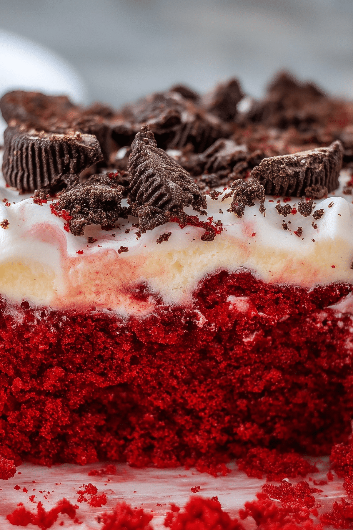 Red Velvet Poke Cake topped with Cool Whip and crushed Oreos