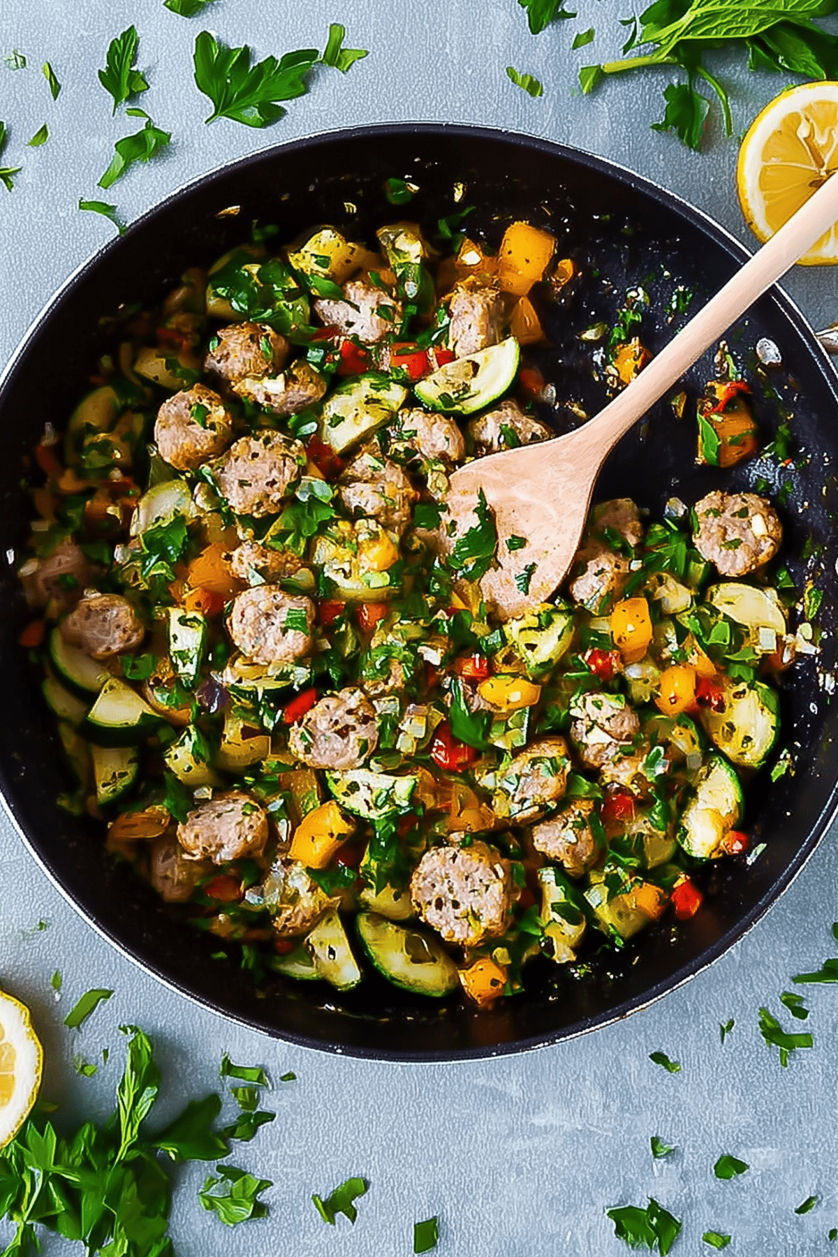 Sausage and Veggie Skillet with Italian sausage, vegetables, and Parmesan cheese
