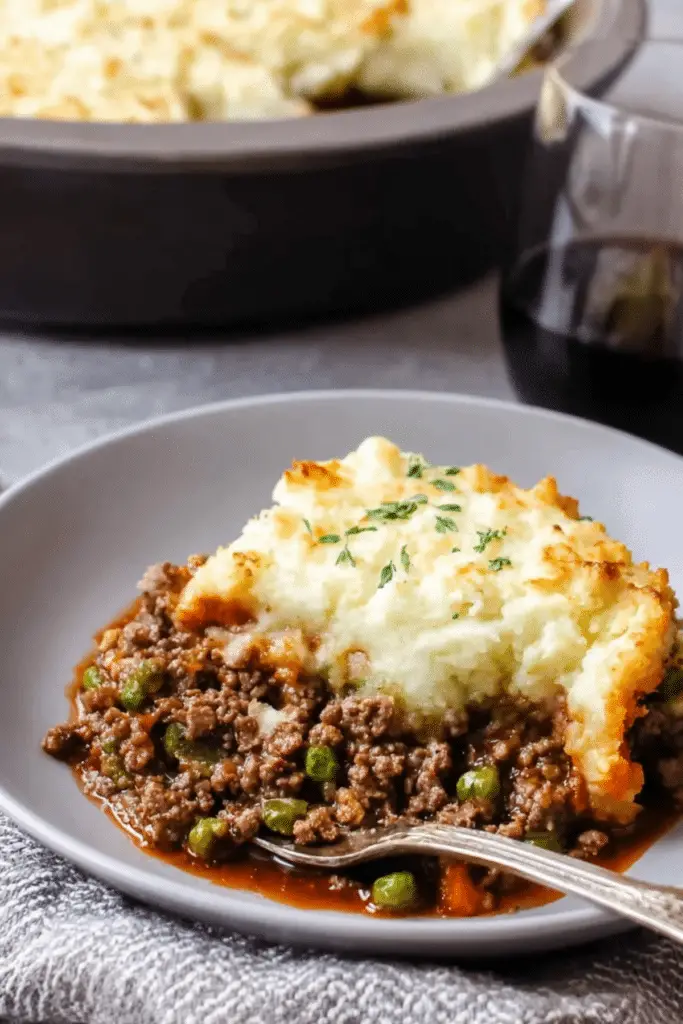 Shepherd's Pie topped with golden mashed potatoes in a casserole dish