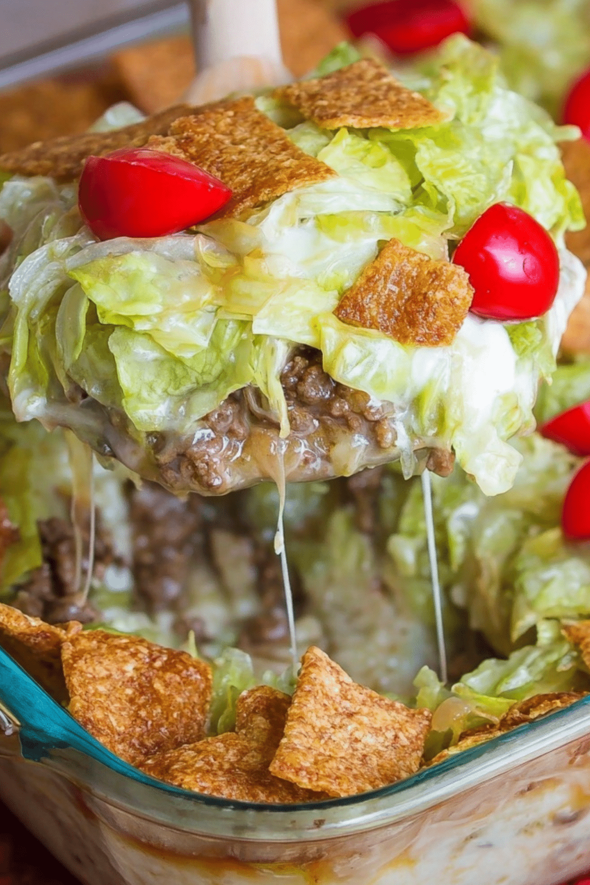 Walking Taco Casserole with cheesy layers and Fritos
