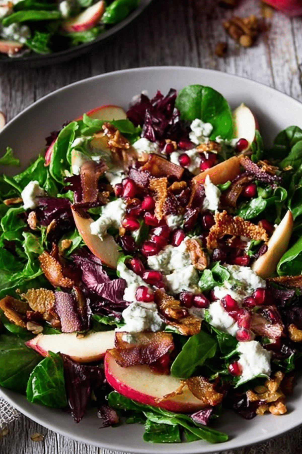 Winter Salad with spinach, apple, Gorgonzola, and candied walnuts