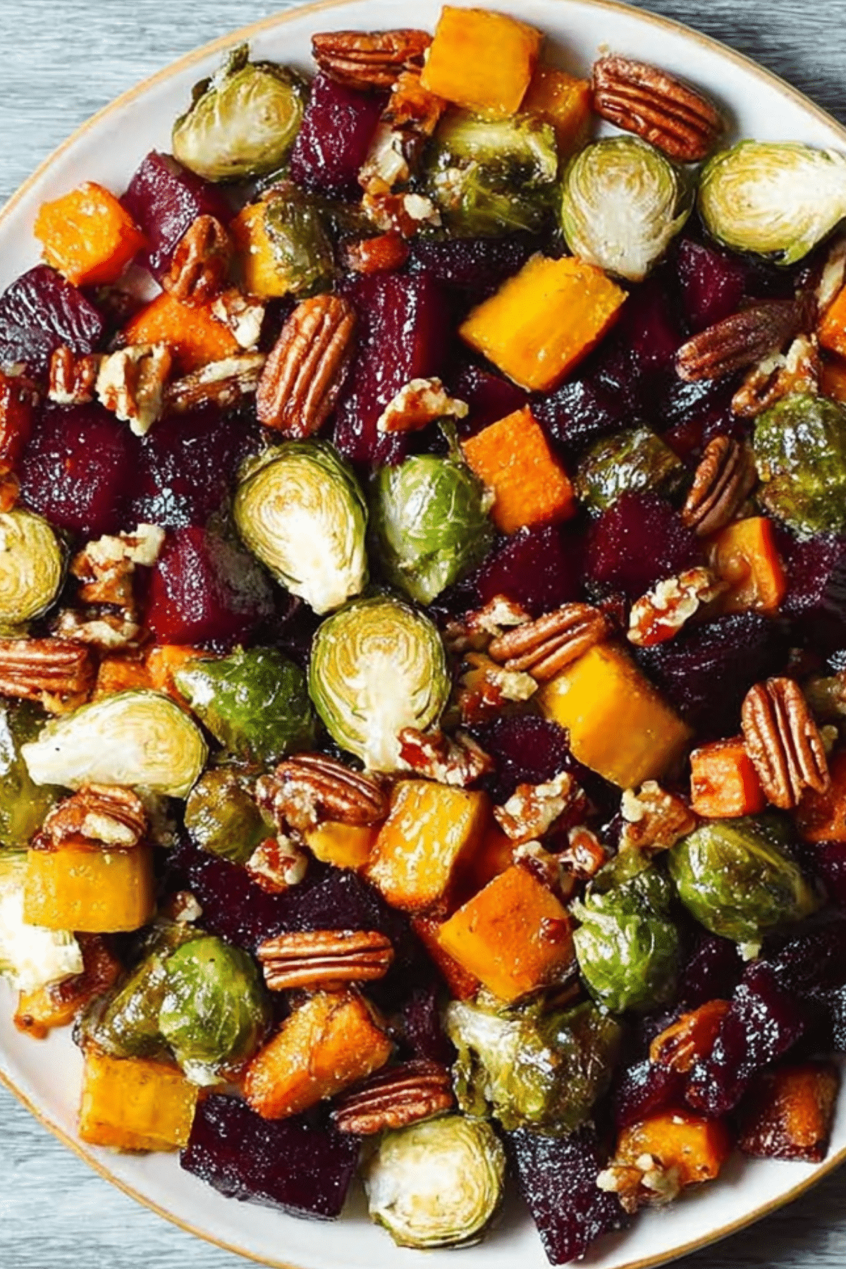 Winter vegetable salad with roasted butternut squash, Brussels sprouts, and beets