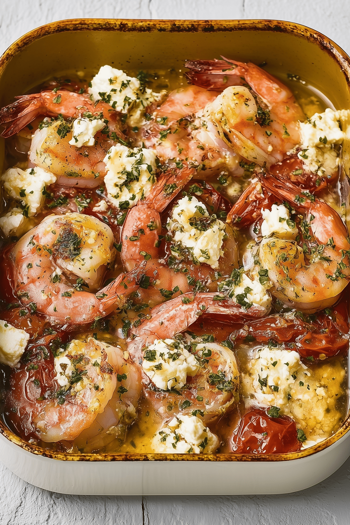 Baked Prawns with Lemon and Feta with garlic, tomatoes, and feta cheese