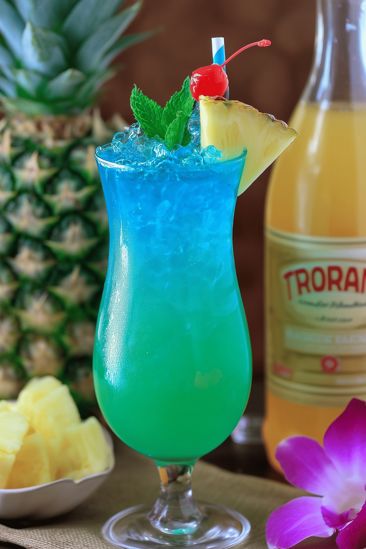 Blue Hawaii mocktail in a glass with a cherry garnish and vibrant blue color