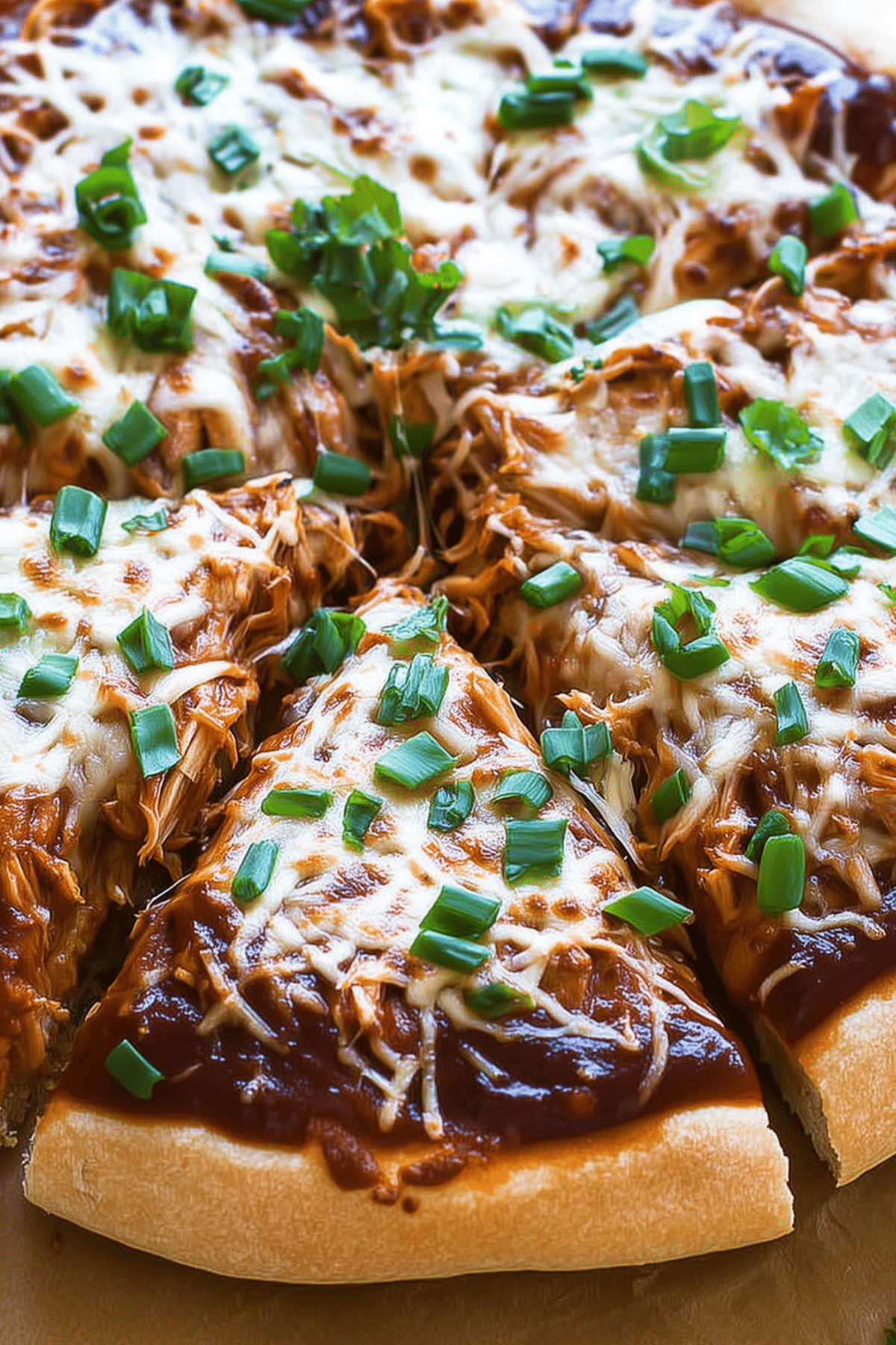 Homemade Cheesy BBQ Chicken Pizza with mozzarella and gouda