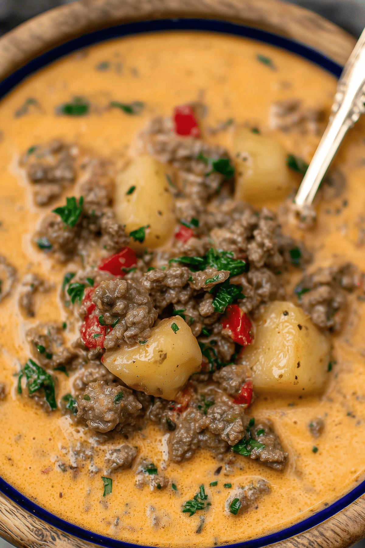 Cheesy Beef and Potato Soup with ground beef, potatoes, and cheddar cheese
