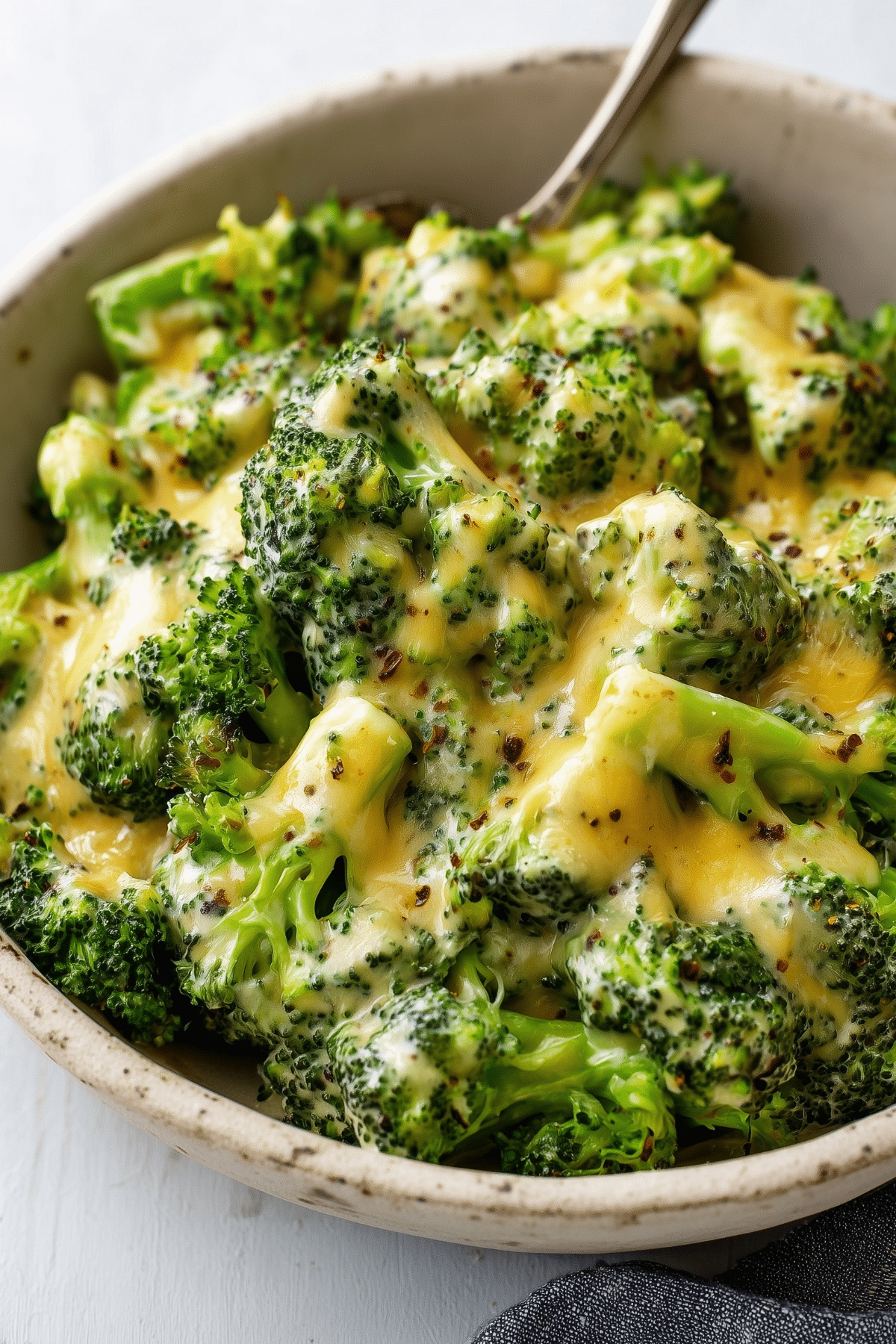 Cheesy broccoli served with a creamy cheddar cheese sauce