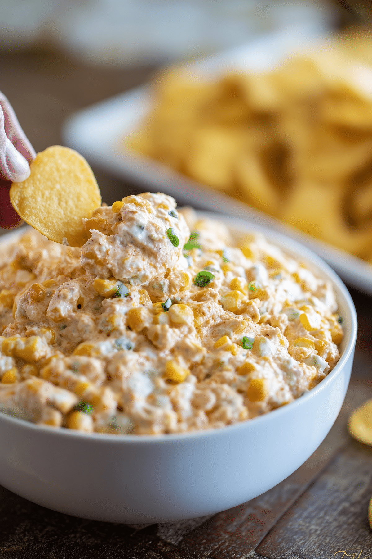 Corn Dip served with Fritos chips as a party appetizer