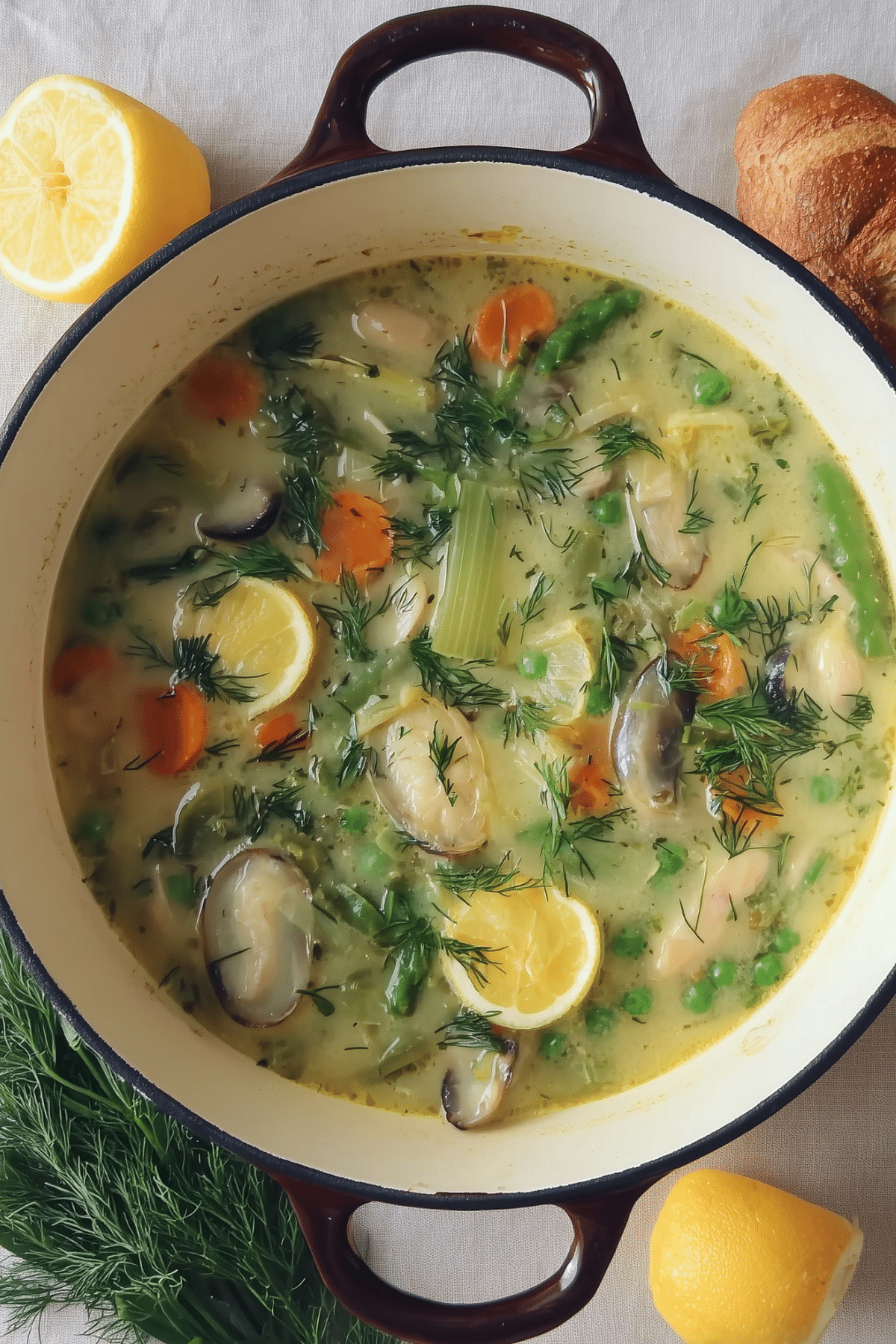 French Spring Soup with seasonal vegetables and fresh herbs