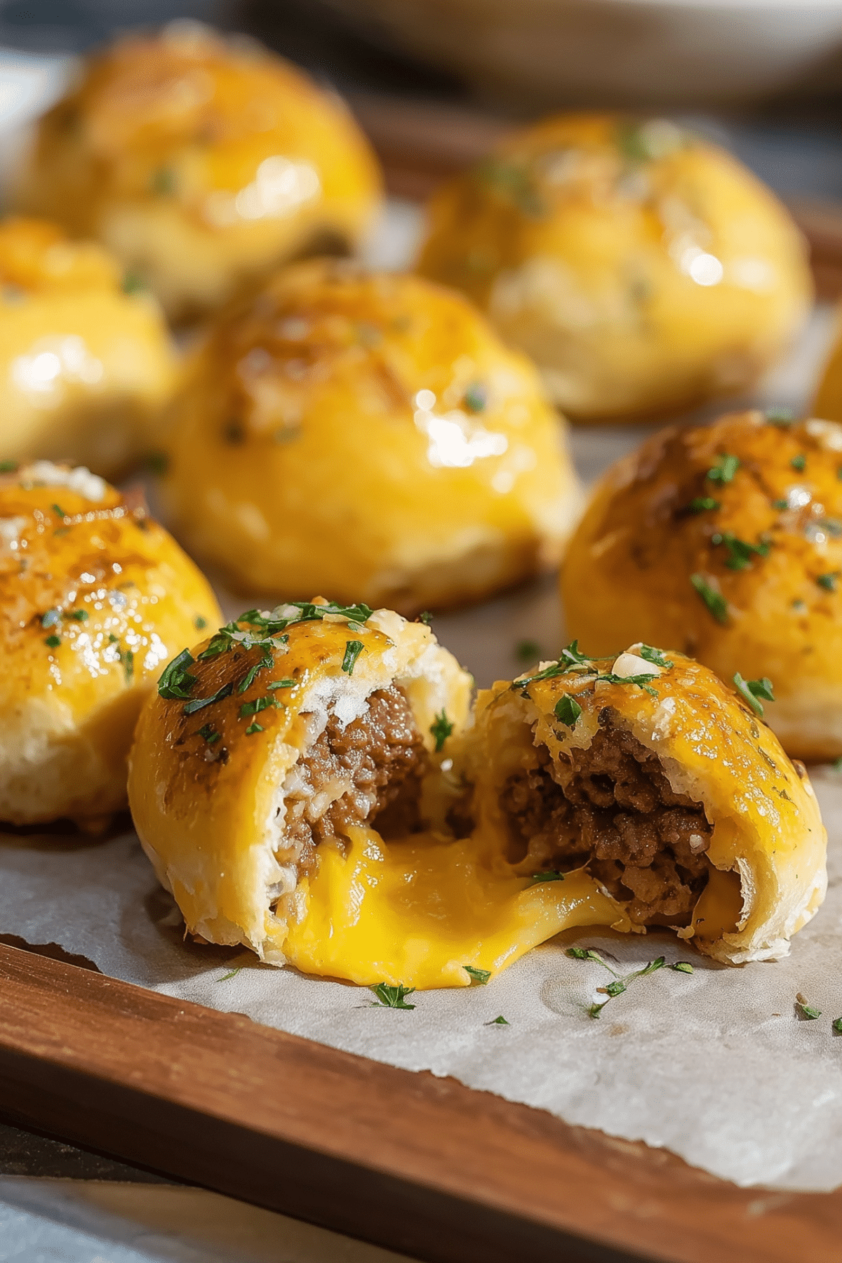 Garlic Parmesan Cheeseburger Bombs on a plate, ready to eat