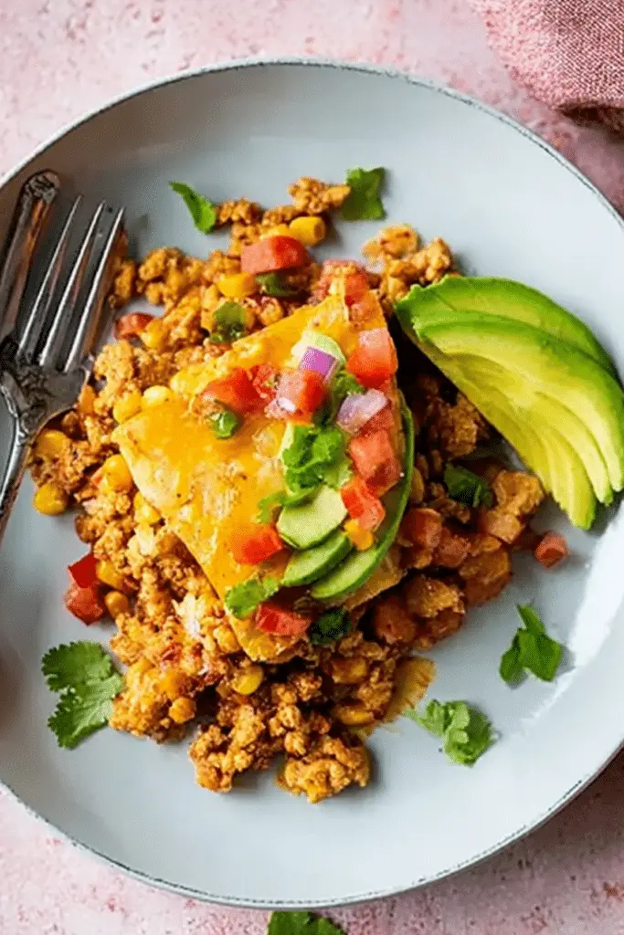 Ground Turkey Taco Skillet with melted cheese and tortilla chips