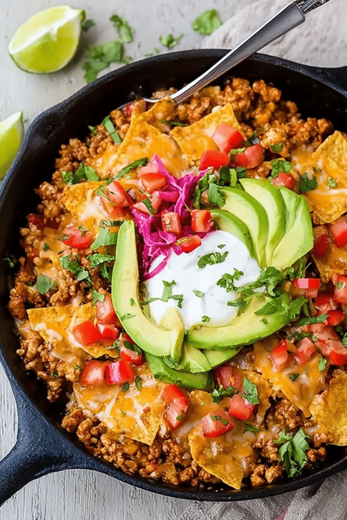 Ground Turkey Taco Skillet with melted cheese and tortilla chips