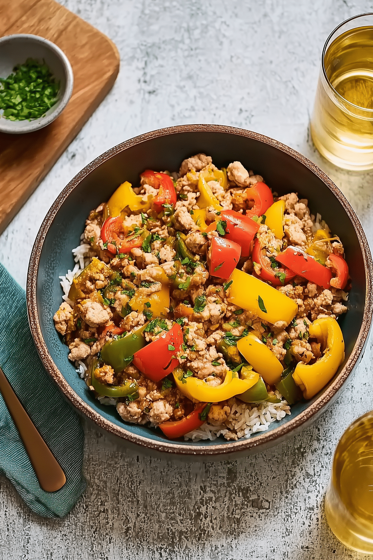 Ground Turkey and Peppers skillet meal with bell peppers and herbs