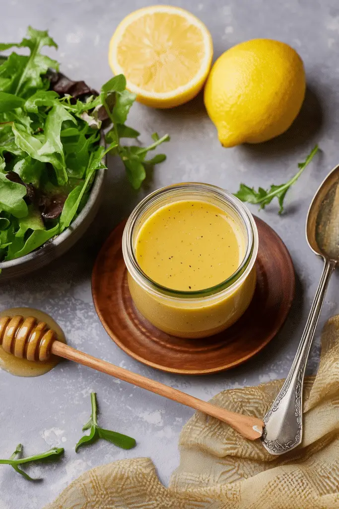 Honey Lemon Vinaigrette Salad Dressing drizzled over fresh greens