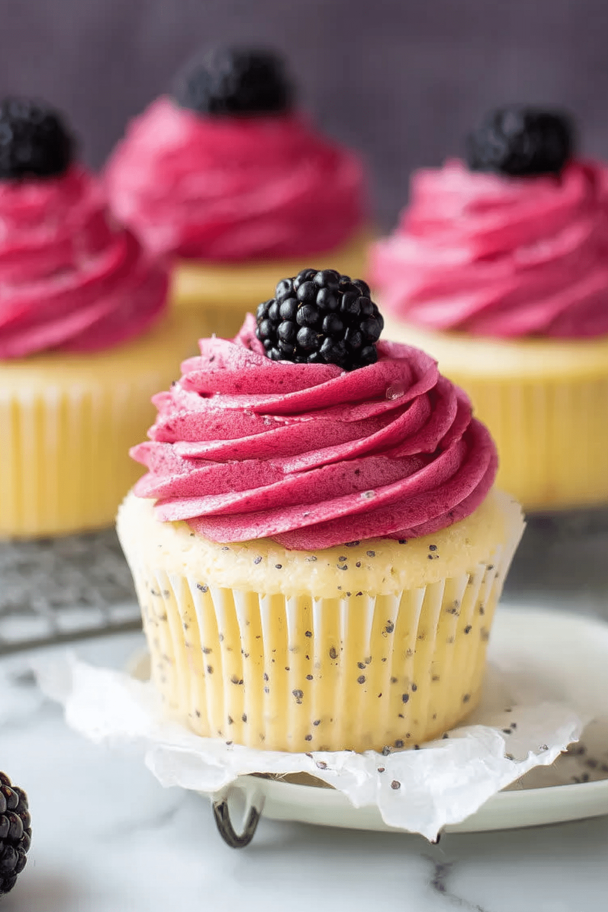 Lemon Poppy Seed Cupcakes with Blackberry Frosting